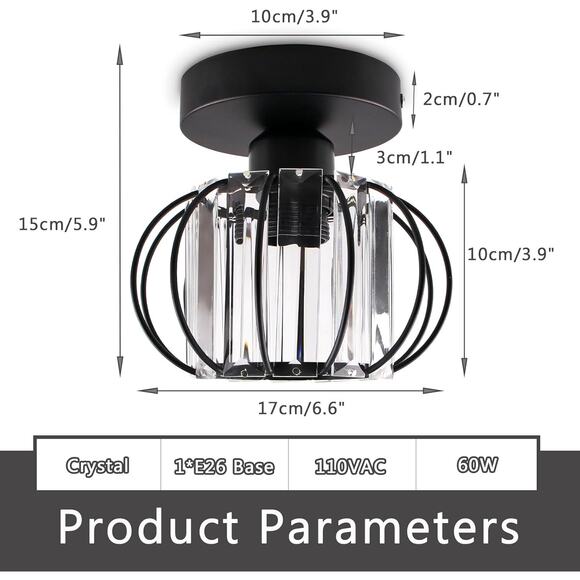 Modern Crystal Semi Flush Mount Ceiling Light Black E26 Fixture for Hallway New - Picture 2 of 11